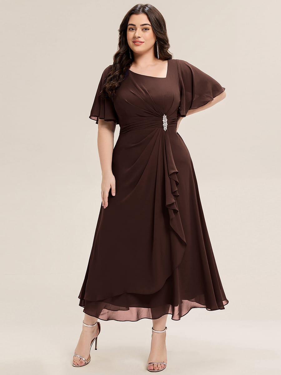 Rhinestone Embellished Chiffon Ruffle Sleeve Evening Dress #color_Chocolate brown