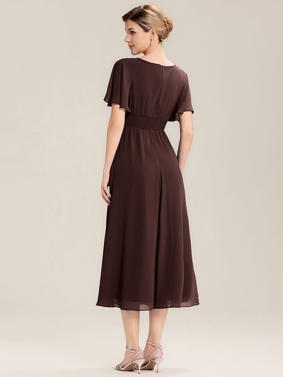 Rhinestone Embellished Chiffon Ruffle Sleeve Evening Dress #color_Chocolate brown