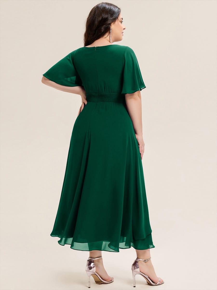 Rhinestone Embellished Chiffon Ruffle Sleeve Evening Dress #color_Dark Green