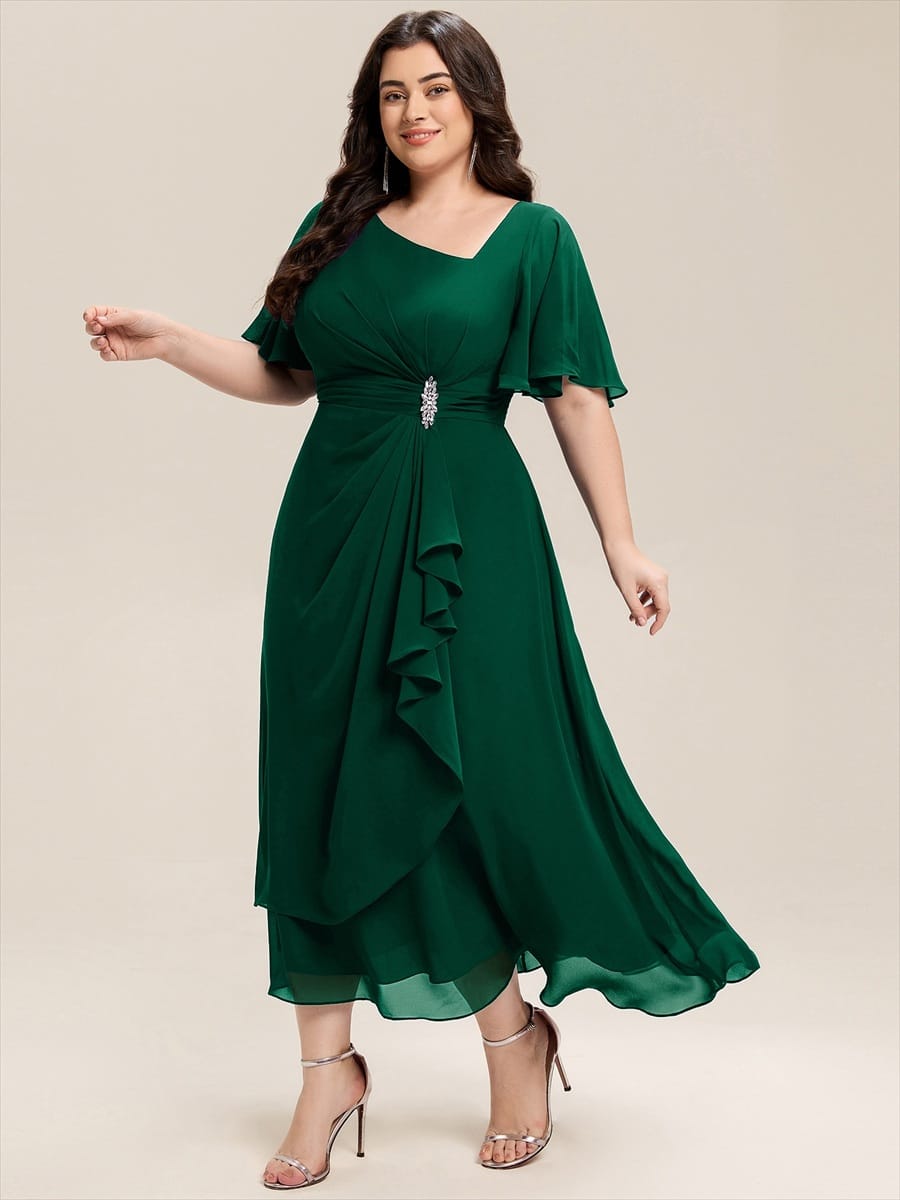 Rhinestone Embellished Chiffon Ruffle Sleeve Evening Dress #color_Dark Green
