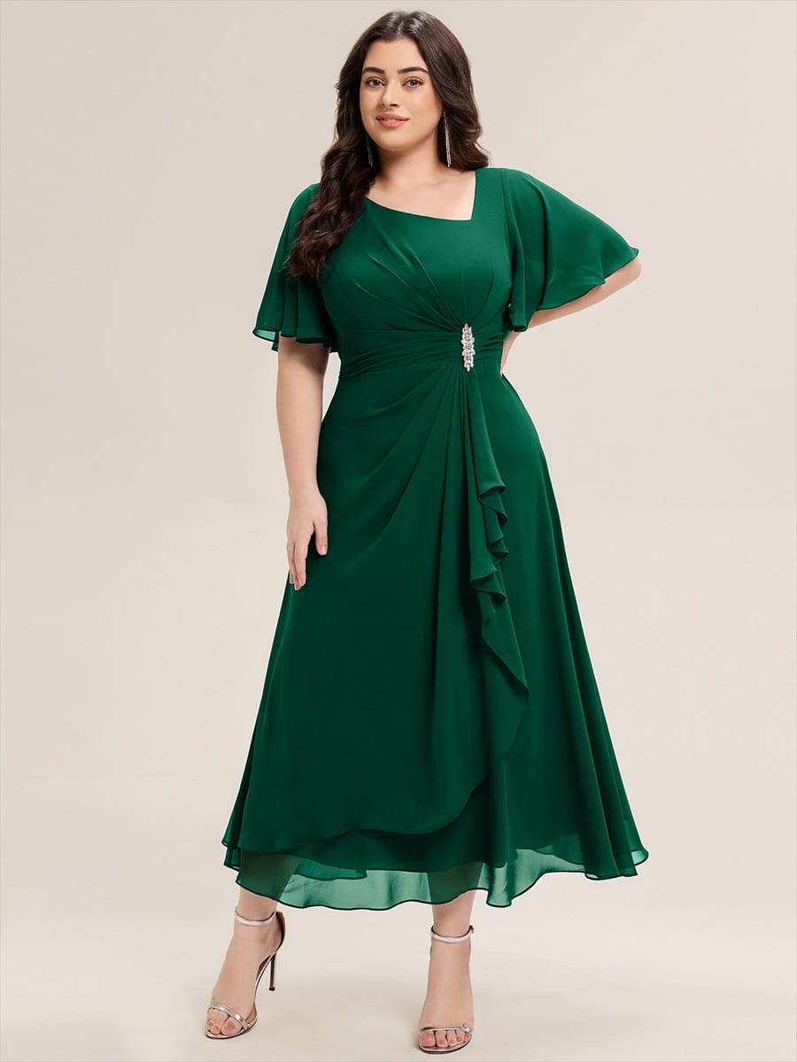 Rhinestone Embellished Chiffon Ruffle Sleeve Evening Dress #color_Dark Green