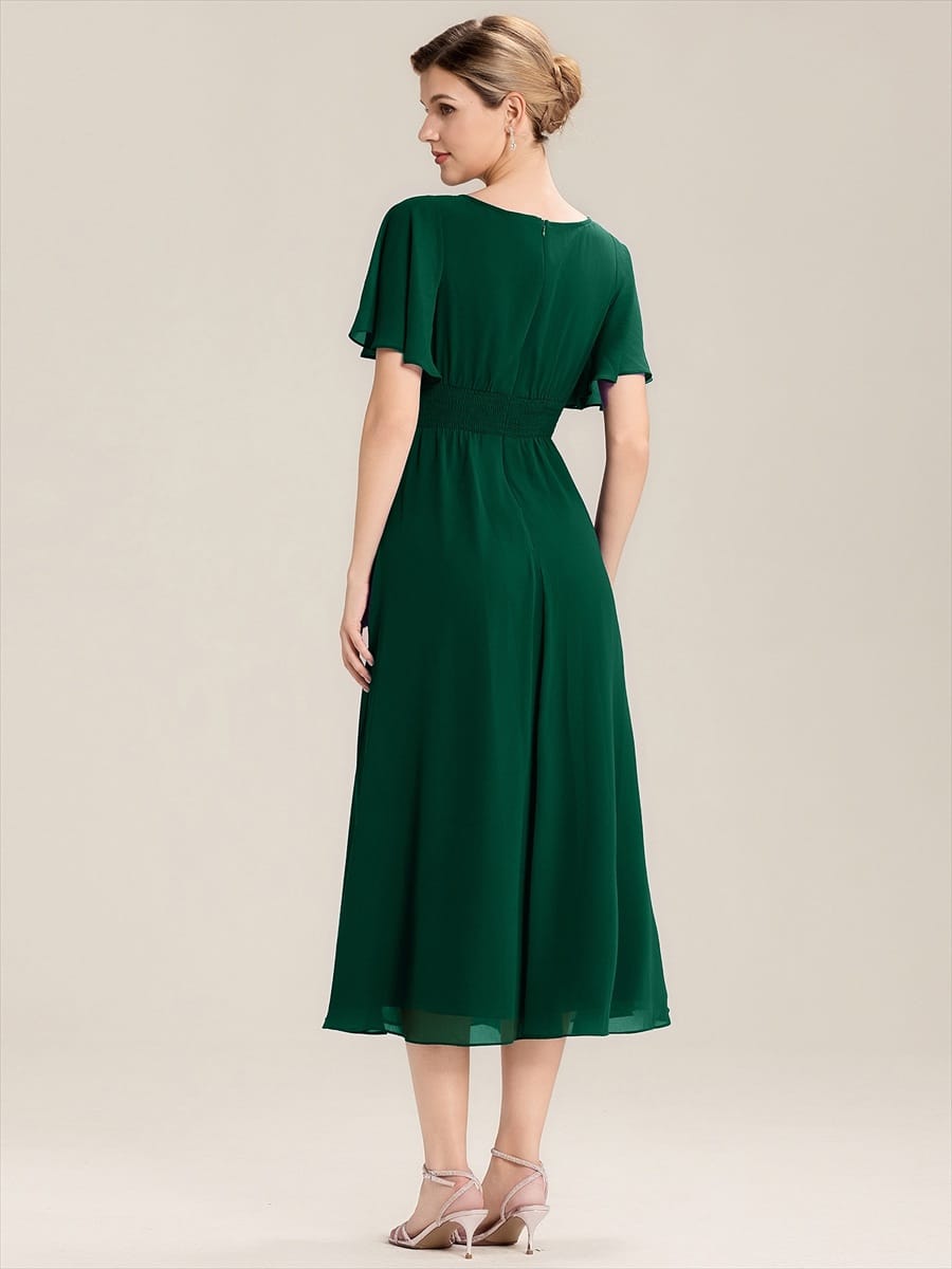 Rhinestone Embellished Chiffon Ruffle Sleeve Evening Dress #color_Dark Green