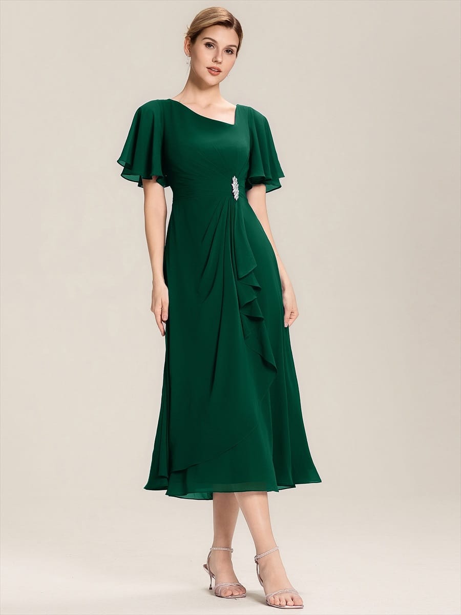 Rhinestone Embellished Chiffon Ruffle Sleeve Evening Dress #color_Dark Green