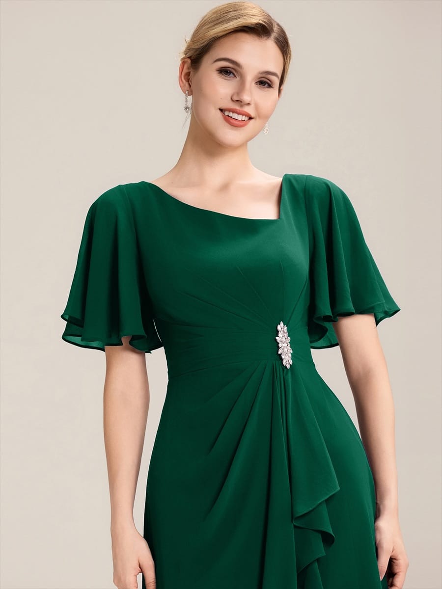 Rhinestone Embellished Chiffon Ruffle Sleeve Evening Dress #color_Dark Green