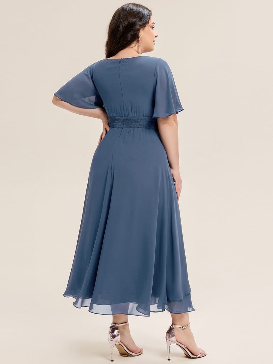 Rhinestone Embellished Chiffon Ruffle Sleeve Evening Dress #color_Dusty Blue
