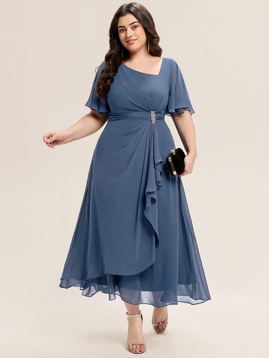 Rhinestone Embellished Chiffon Ruffle Sleeve Evening Dress #color_Dusty Blue