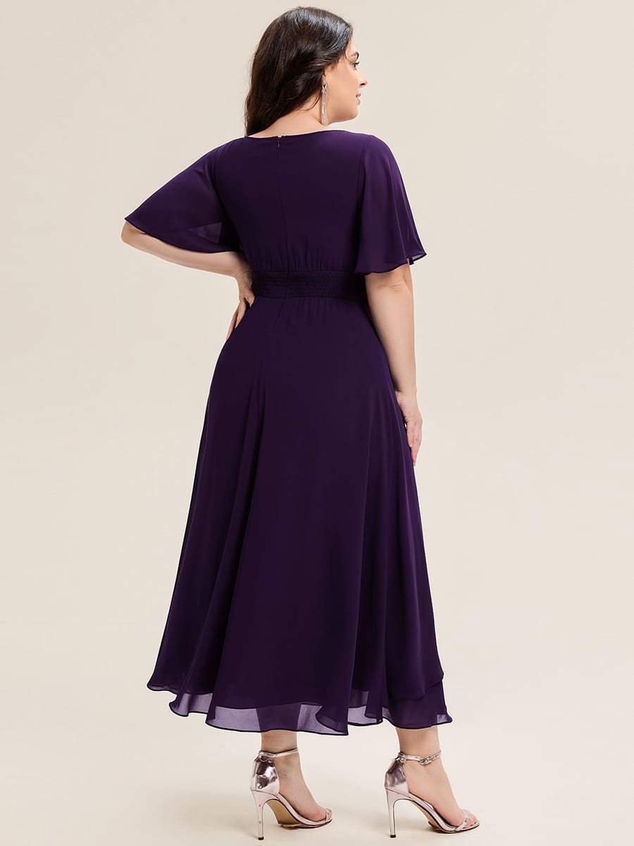 Rhinestone Embellished Chiffon Ruffle Sleeve Evening Dress #color_Dark Purple
