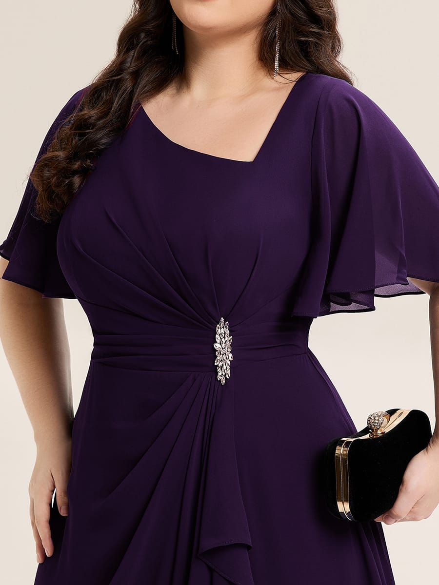 Rhinestone Embellished Chiffon Ruffle Sleeve Evening Dress #color_Dark Purple