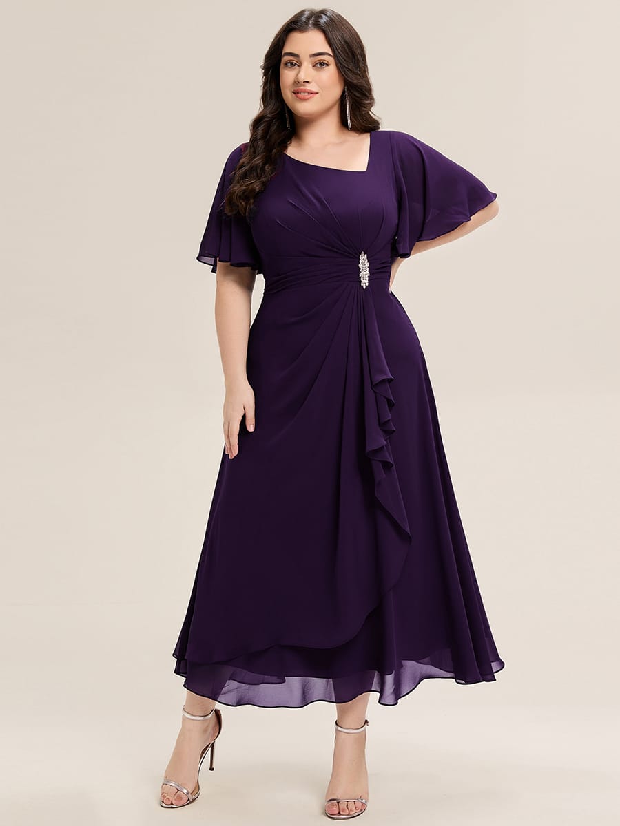 Rhinestone Embellished Chiffon Ruffle Sleeve Evening Dress #color_Dark Purple