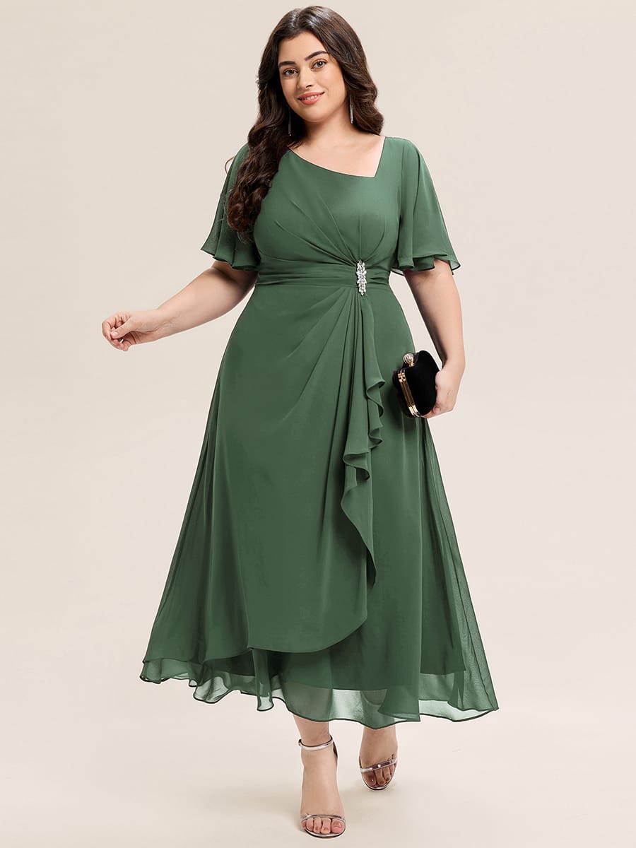 Rhinestone Embellished Chiffon Ruffle Sleeve Evening Dress #color_Eucalyptus Green