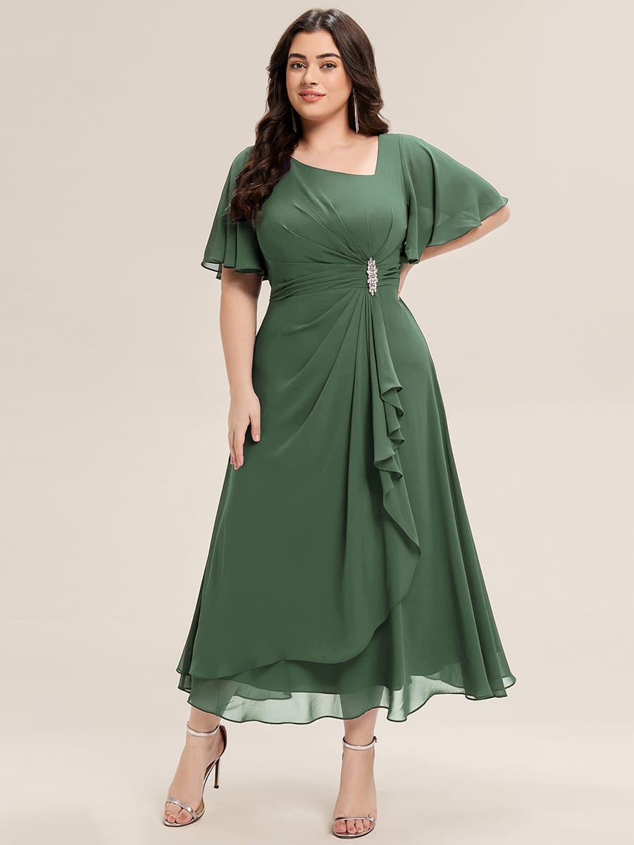 Rhinestone Embellished Chiffon Ruffle Sleeve Evening Dress #color_Eucalyptus Green