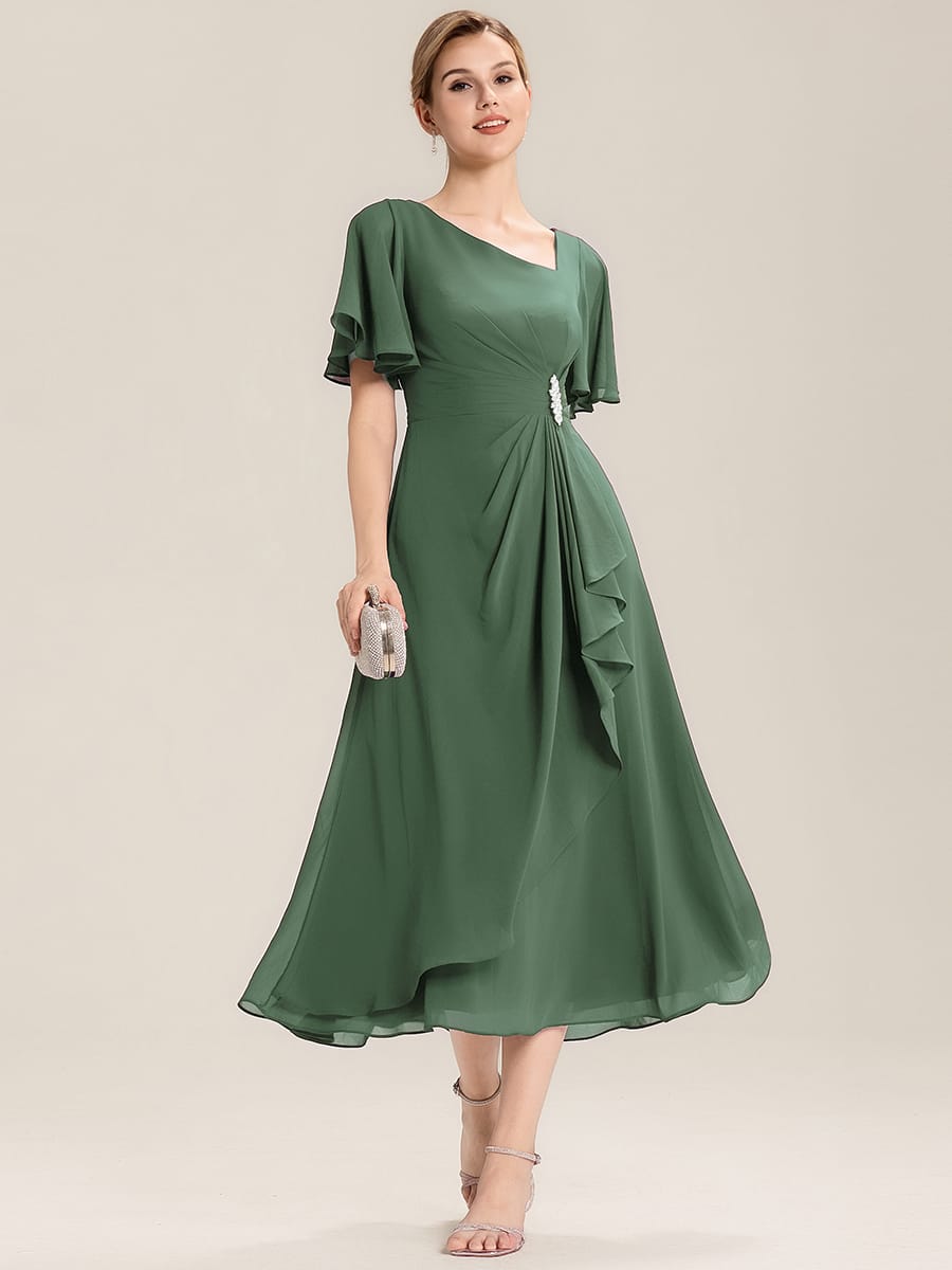 Rhinestone Embellished Chiffon Ruffle Sleeve Evening Dress #color_Eucalyptus Green