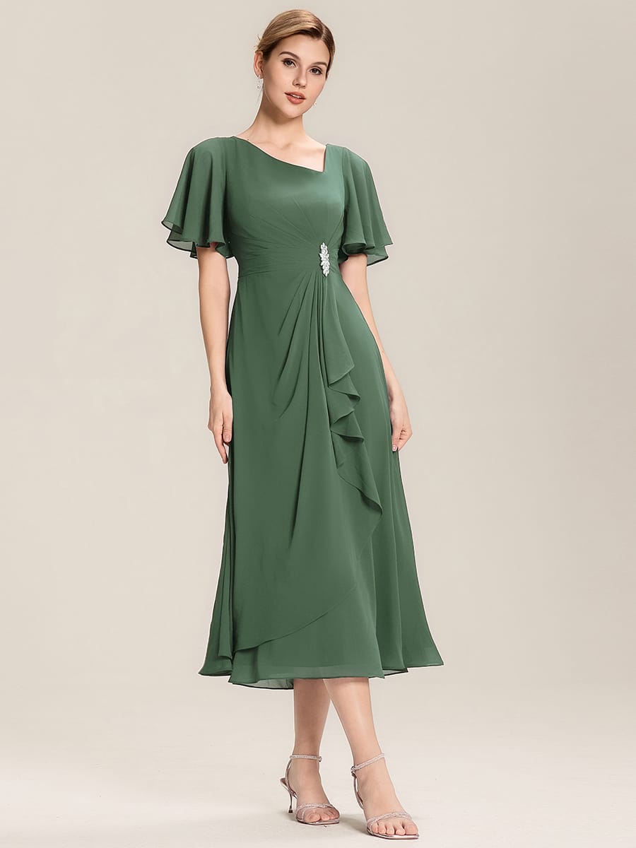 Rhinestone Embellished Chiffon Ruffle Sleeve Evening Dress #color_Eucalyptus Green