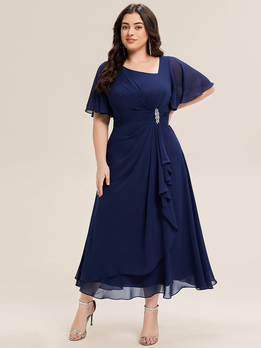 Rhinestone Embellished Chiffon Ruffle Sleeve Evening Dress #color_Navy Blue