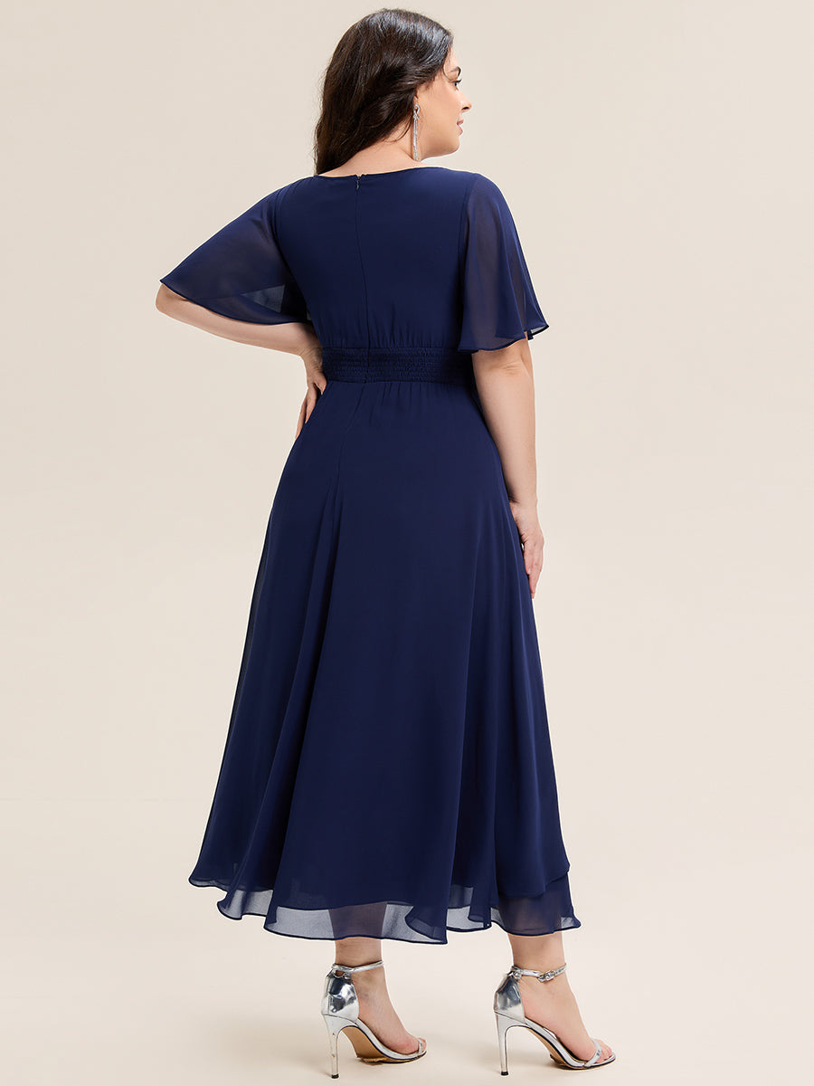Rhinestone Embellished Chiffon Ruffle Sleeve Evening Dress #color_Navy Blue