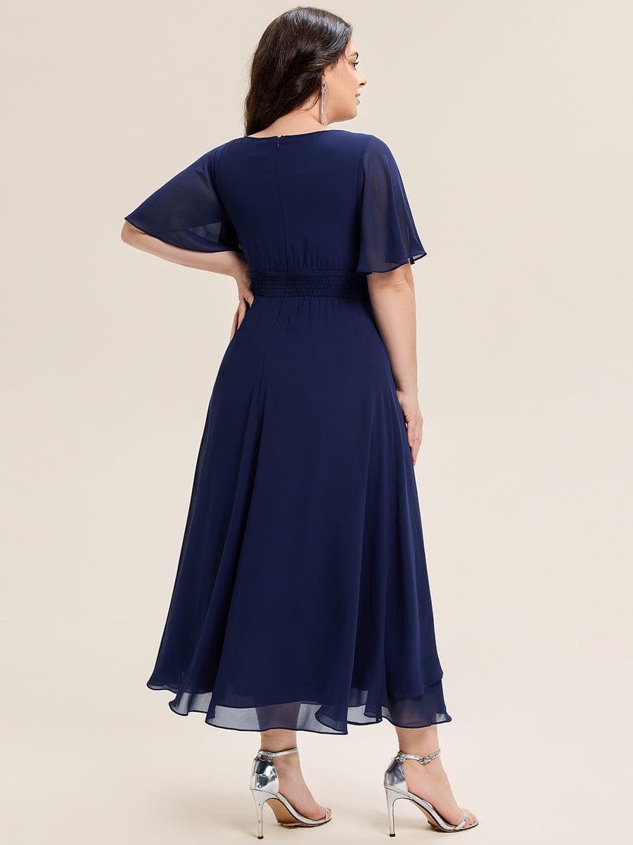 Rhinestone Embellished Chiffon Ruffle Sleeve Evening Dress #color_Navy Blue