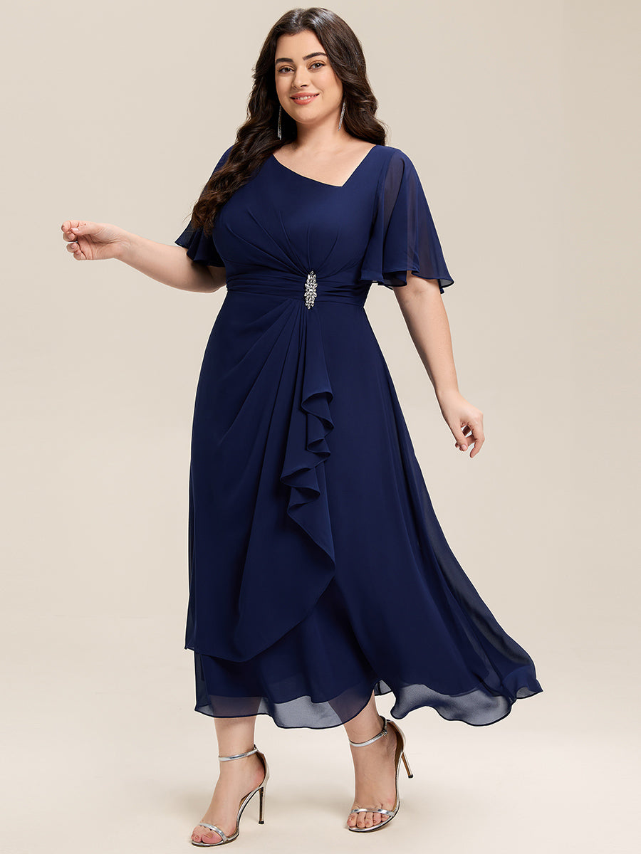 Rhinestone Embellished Chiffon Ruffle Sleeve Evening Dress #color_Navy Blue