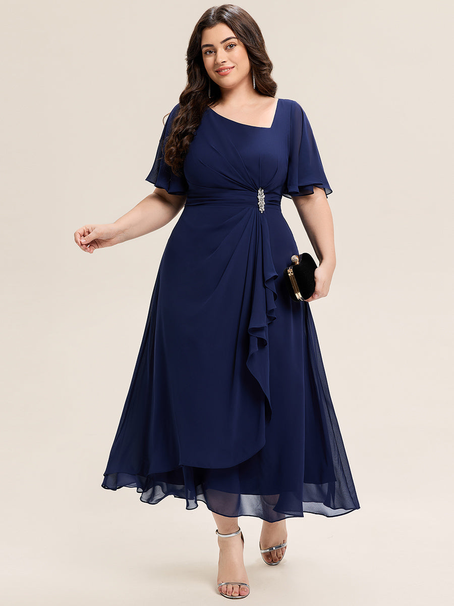 Rhinestone Embellished Chiffon Ruffle Sleeve Evening Dress #color_Navy Blue