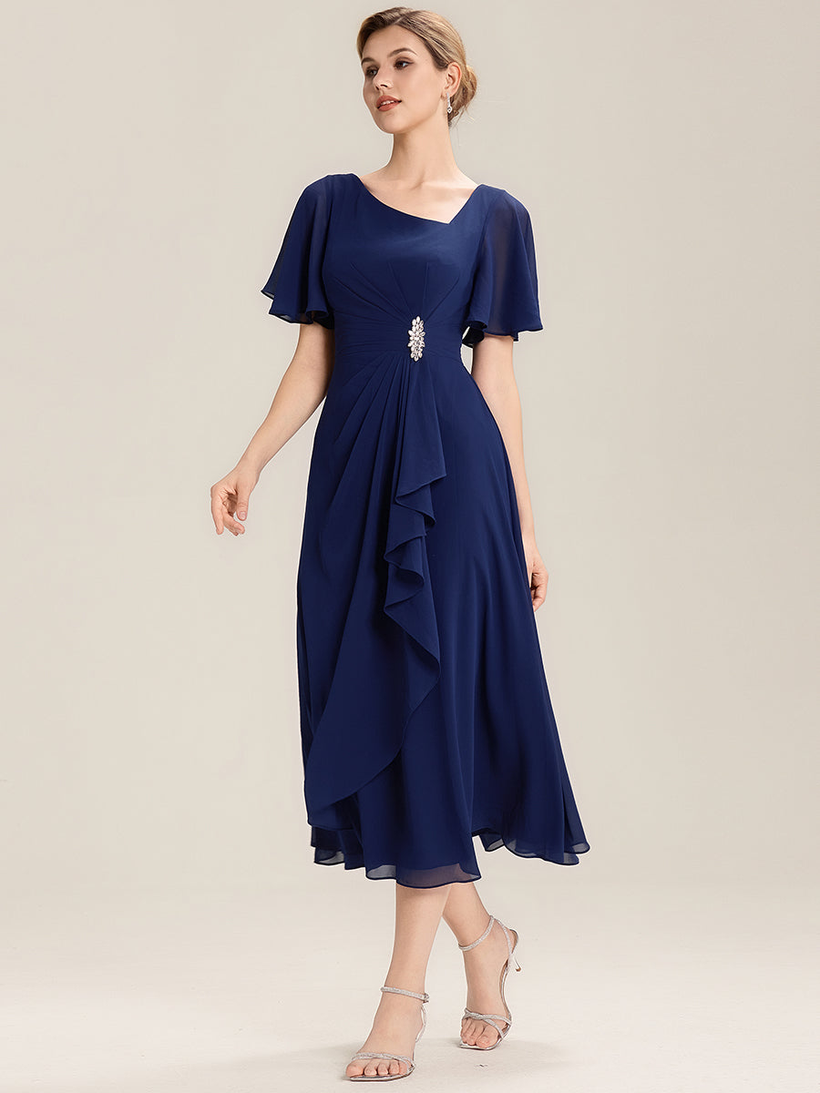 Rhinestone Embellished Chiffon Ruffle Sleeve Evening Dress #color_Navy Blue