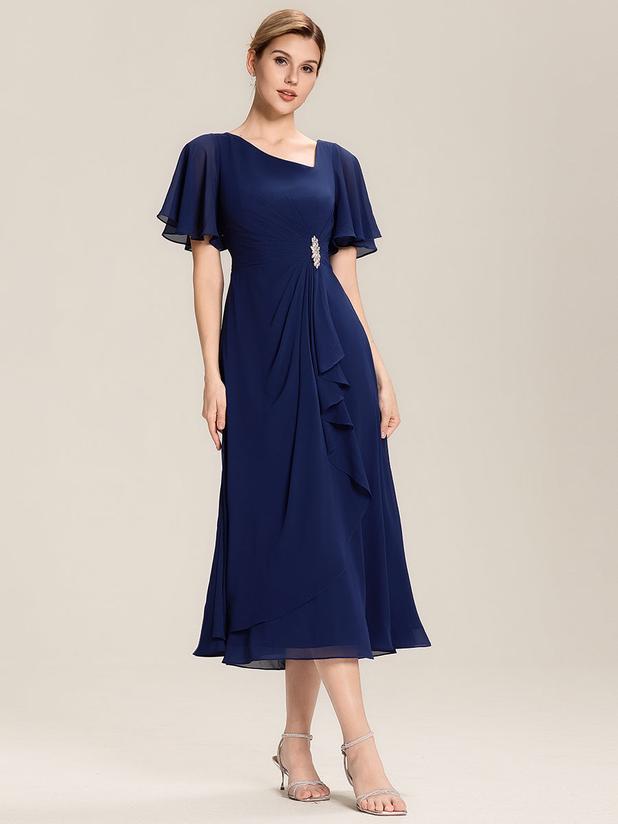 Rhinestone Embellished Chiffon Ruffle Sleeve Evening Dress #color_Navy Blue