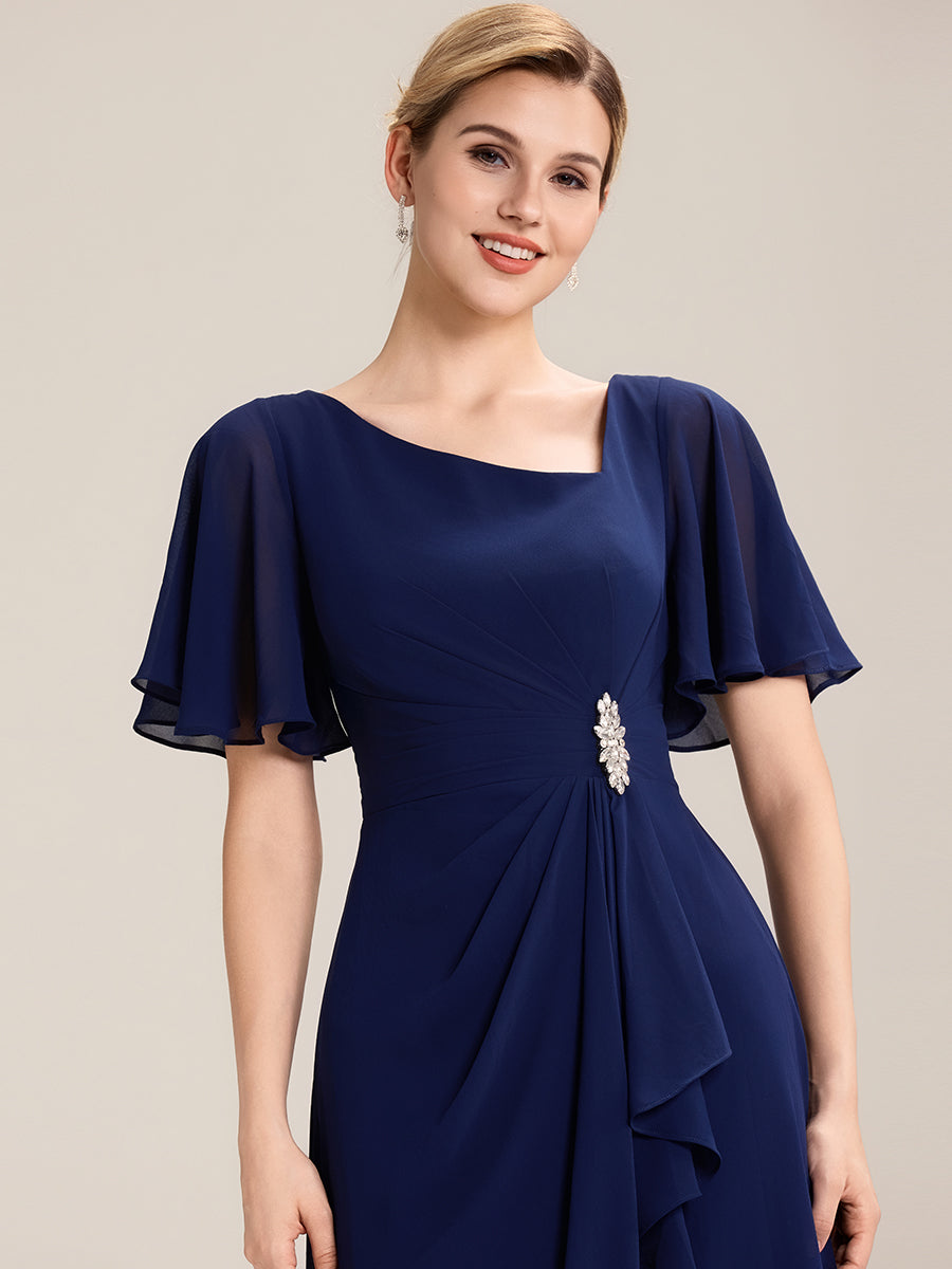 Rhinestone Embellished Chiffon Ruffle Sleeve Evening Dress #color_Navy Blue