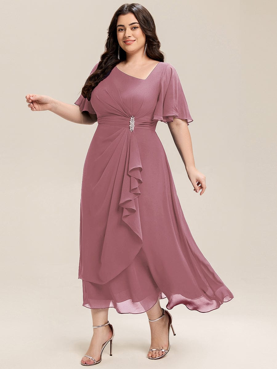 Rhinestone Embellished Chiffon Ruffle Sleeve Evening Dress #color_Purple Orchid