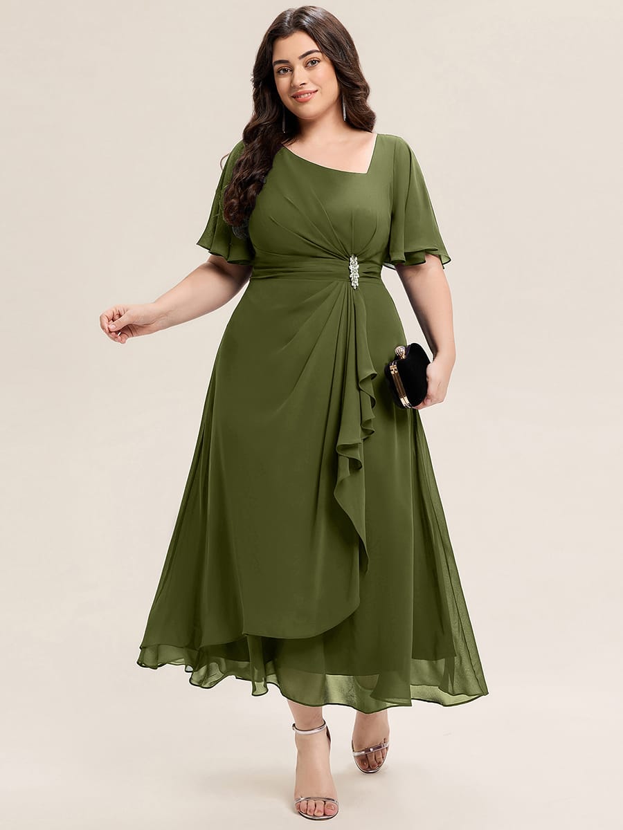 Rhinestone Embellished Chiffon Ruffle Sleeve Evening Dress #color_Olive Green
