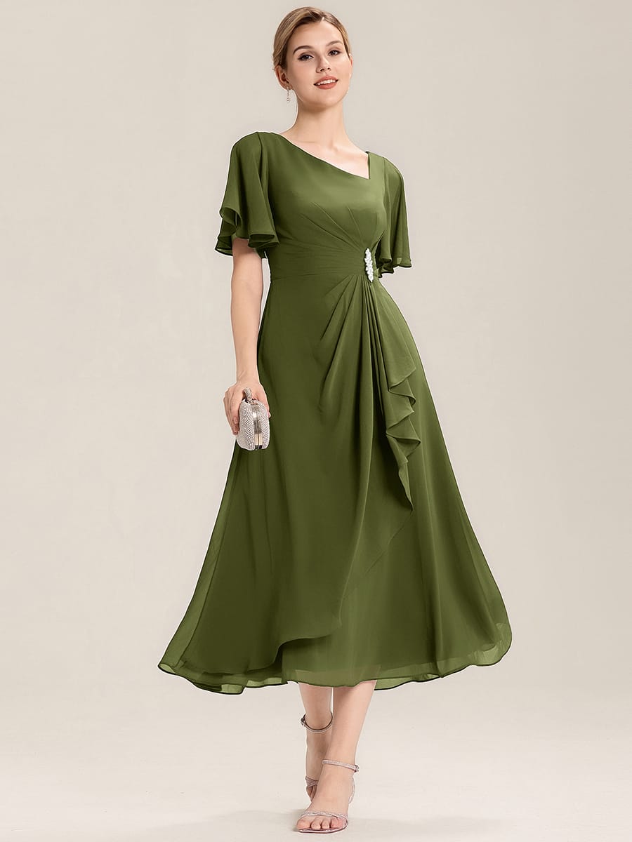 Rhinestone Embellished Chiffon Ruffle Sleeve Evening Dress #color_Olive Green