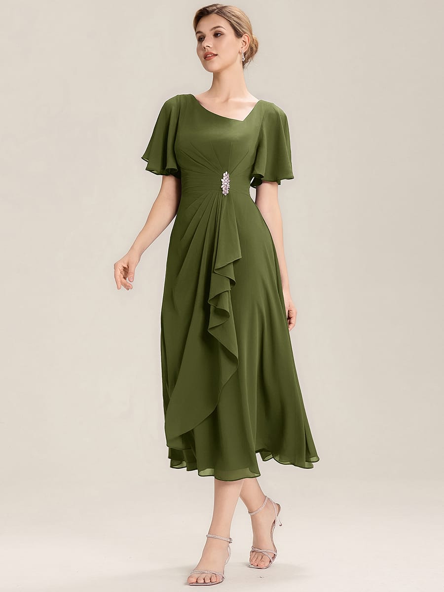 Rhinestone Embellished Chiffon Ruffle Sleeve Evening Dress #color_Olive Green