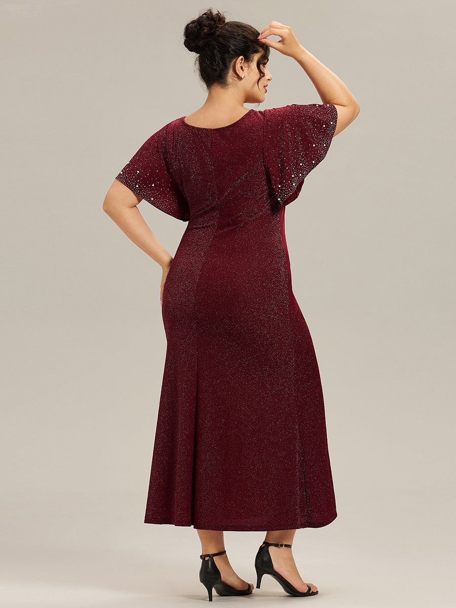 Plus Size Beaded Knit Evening Dress #color_Burgundy