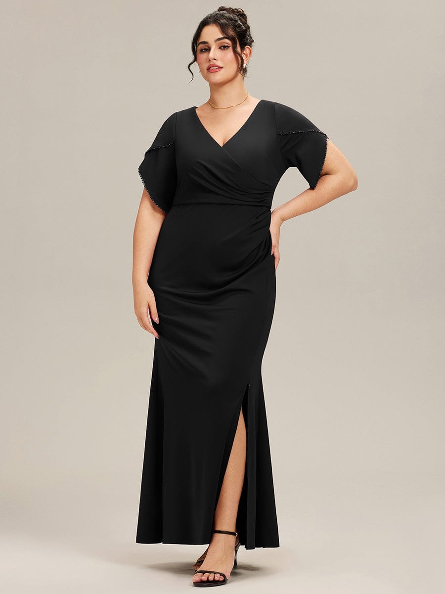 Thigh-High Slit Knit Tulip Sleeve Evening Dress #color_Black