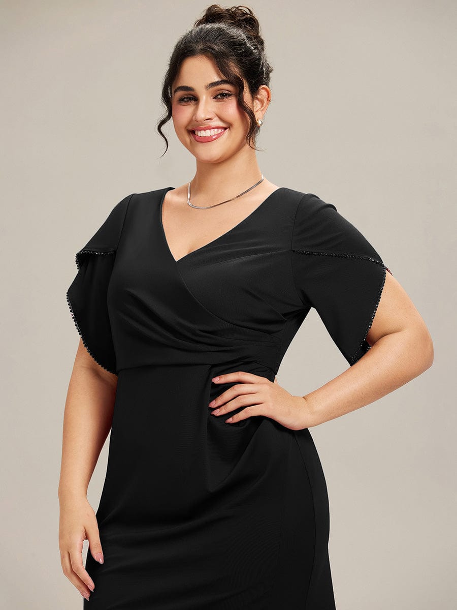 Thigh-High Slit Knit Tulip Sleeve Evening Dress #color_Black