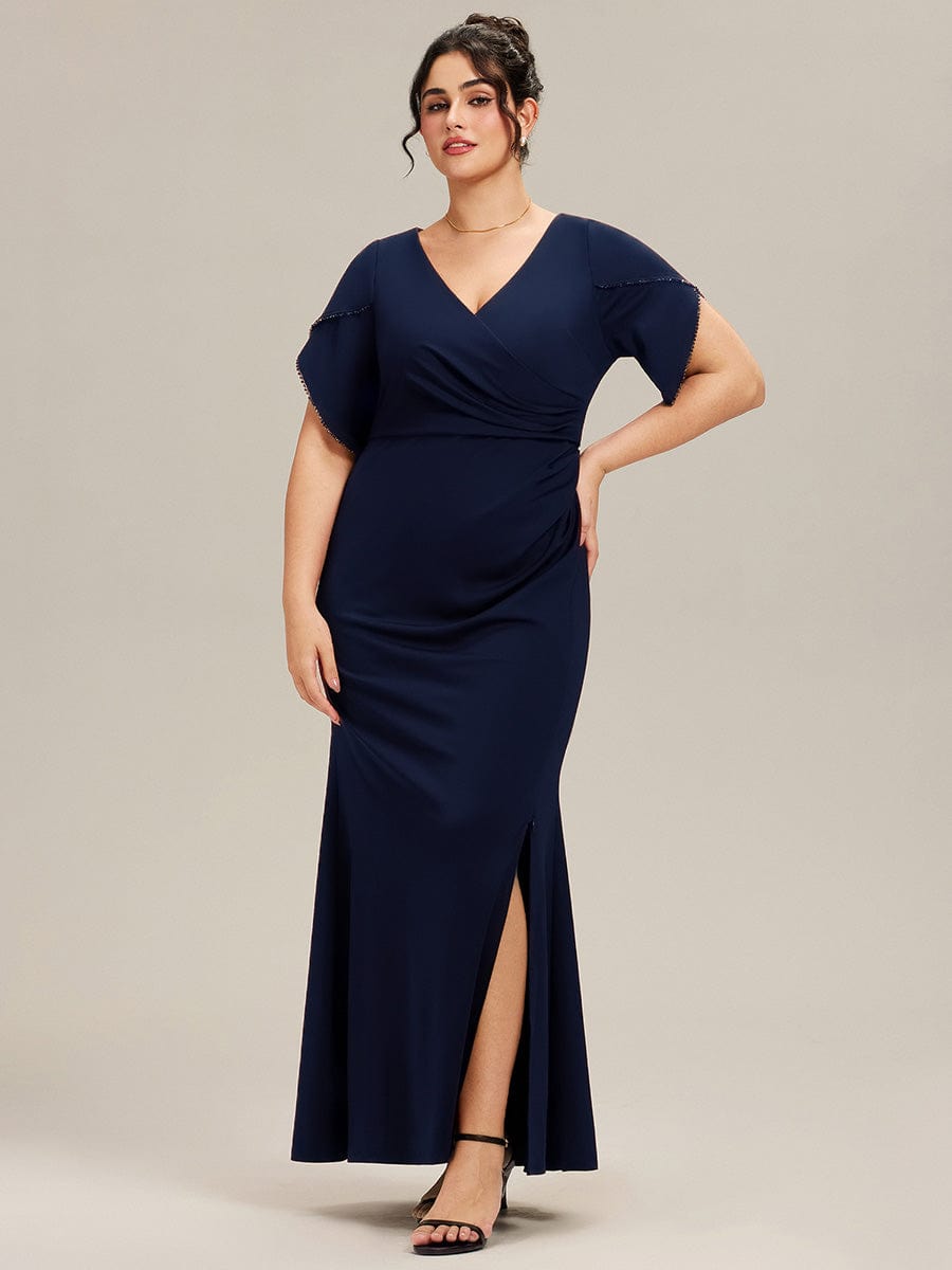 Thigh-High Slit Knit Tulip Sleeve Evening Dress #color_Navy Blue