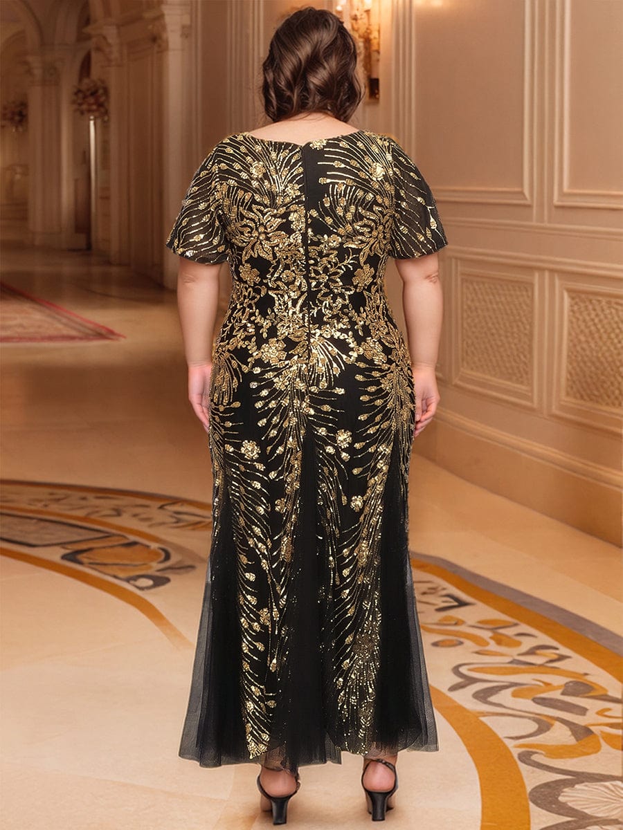 Embroidered Sequin Ruffle Sleeve Evening Dress #color_Black & Gold