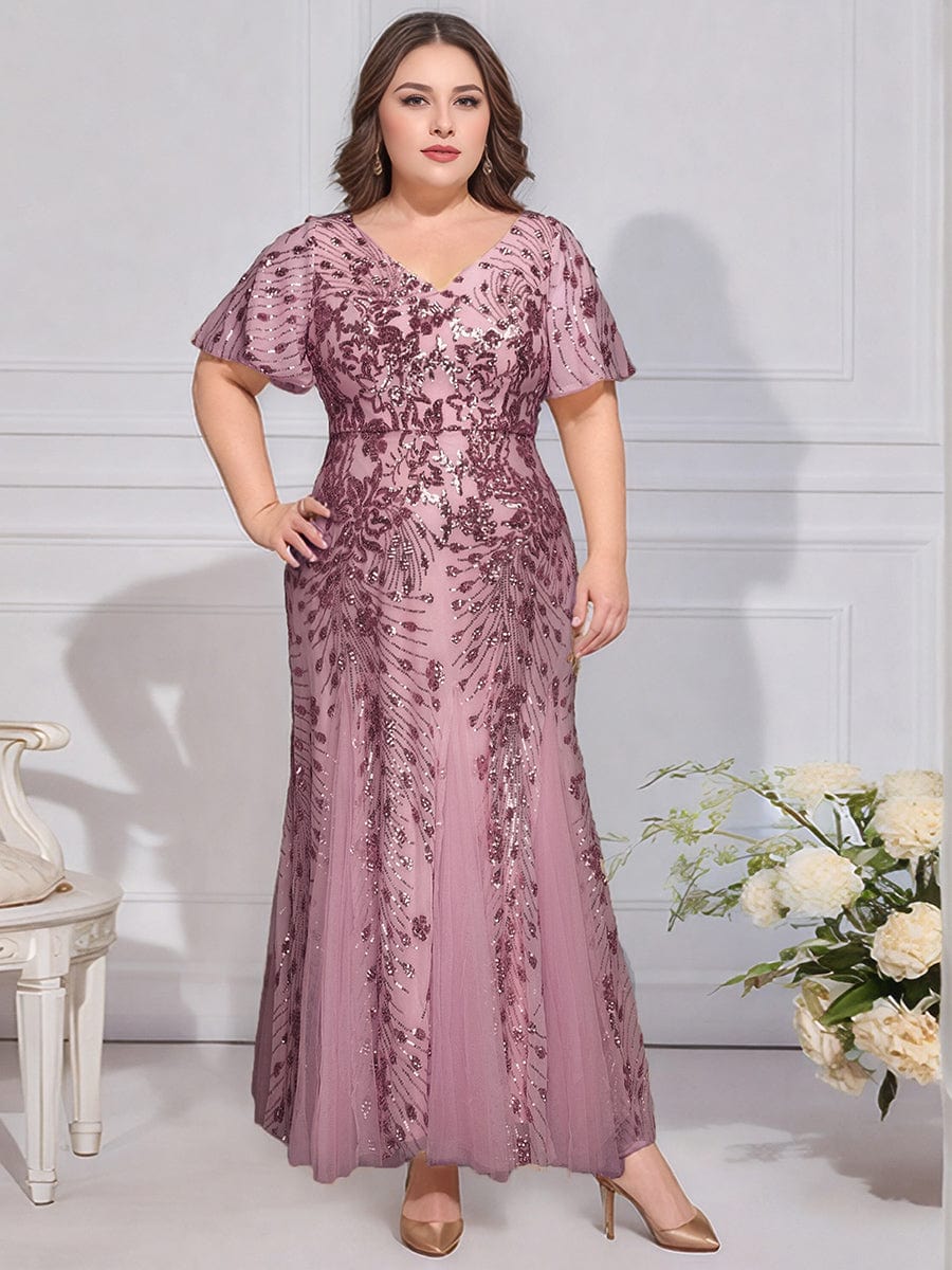 Embroidered Sequin Ruffle Sleeve Evening Dress #color_Purple Orchid
