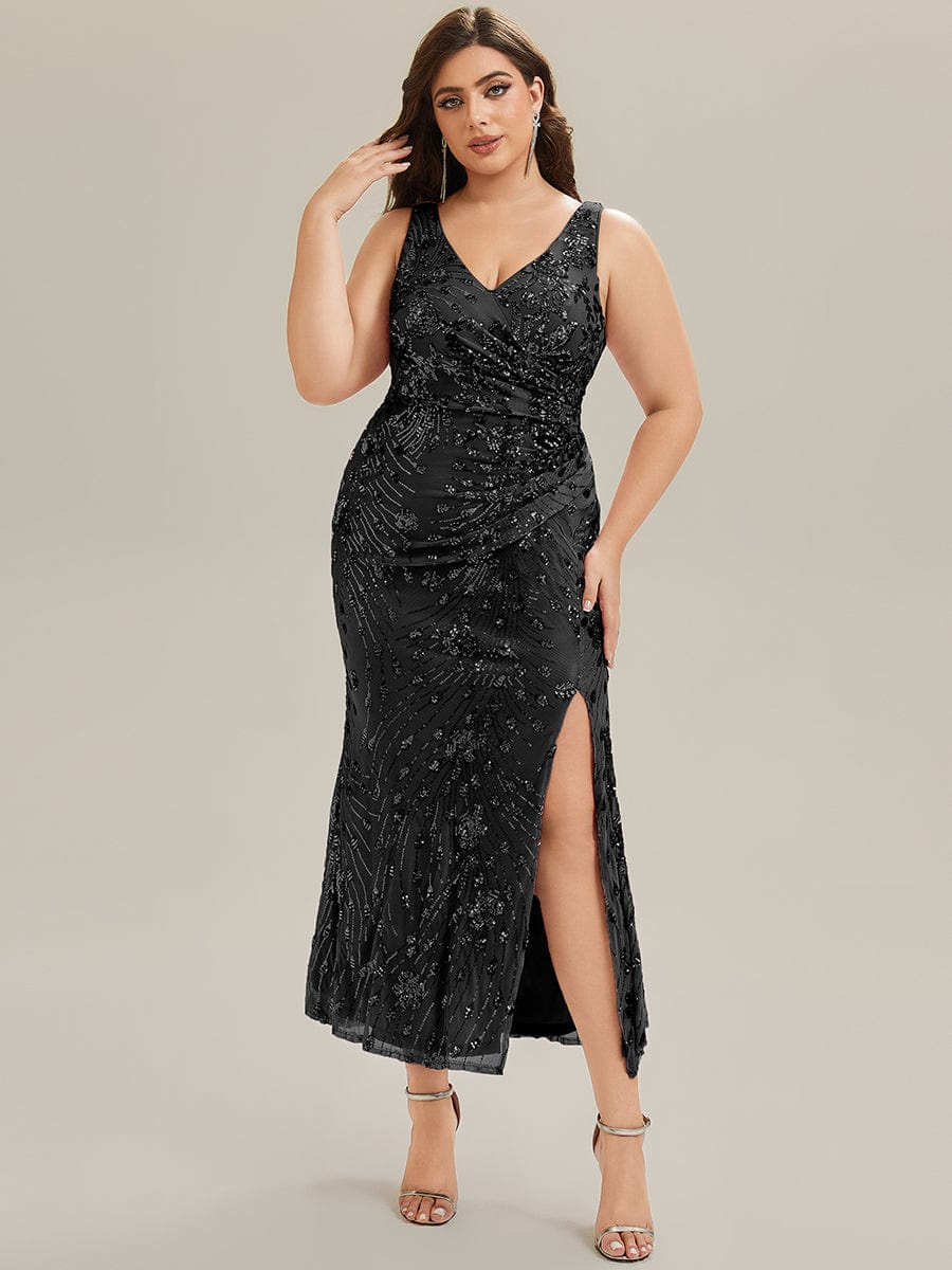 Knotted Sequin Sleeveless Evening Dress #color_Black