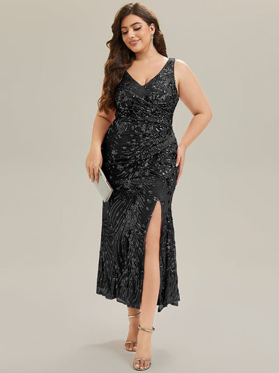 Knotted Sequin Sleeveless Evening Dress #color_Black