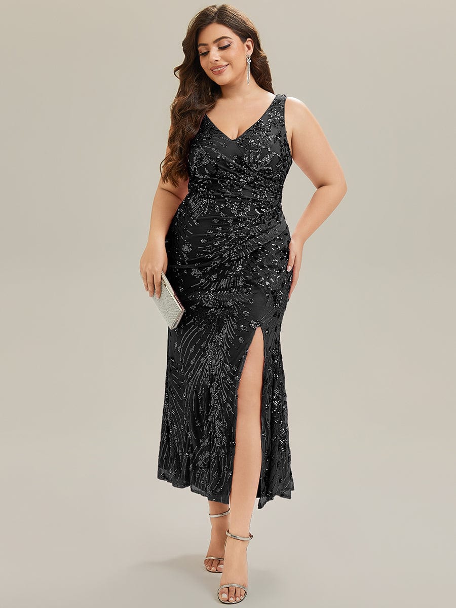 Knotted Sequin Sleeveless Evening Dress #color_Black