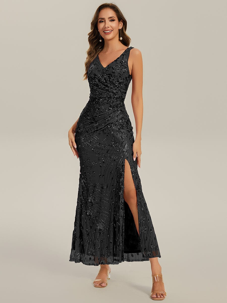 Knotted Sequin Sleeveless Evening Dress #color_Black