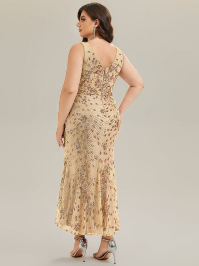 Knotted Sequin Sleeveless Evening Dress #color_Gold