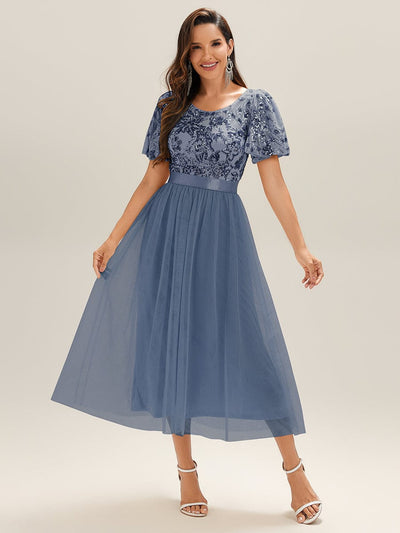 Deep V-Neck Sequin Ruffle Sleeve Evening Dress #color_Dusty Blue