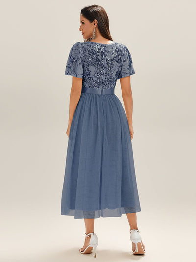 Deep V-Neck Sequin Ruffle Sleeve Evening Dress #color_Dusty Blue