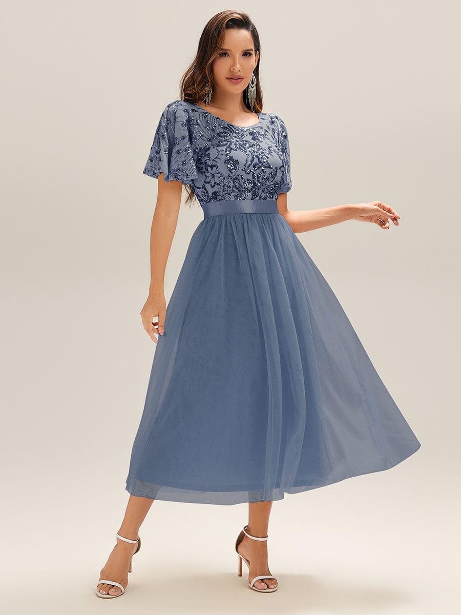 Deep V-Neck Sequin Ruffle Sleeve Evening Dress #color_Dusty Blue