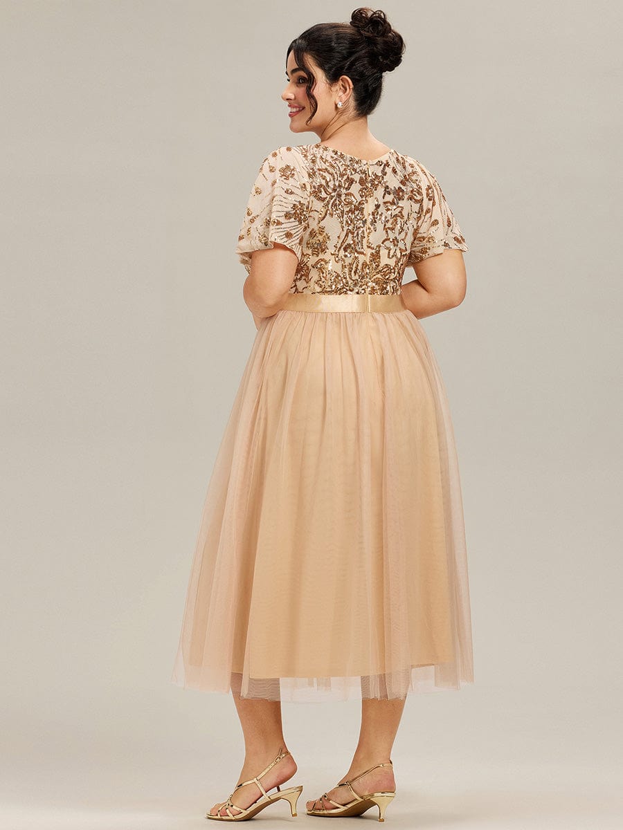 Deep V-Neck Sequin Ruffle Sleeve Evening Dress #color_Gold