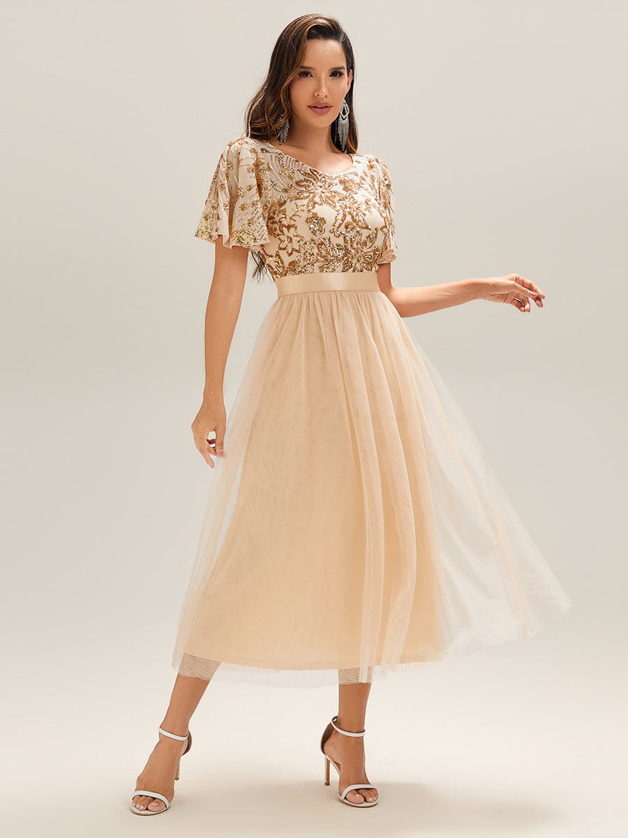 Deep V-Neck Sequin Ruffle Sleeve Evening Dress #color_Gold