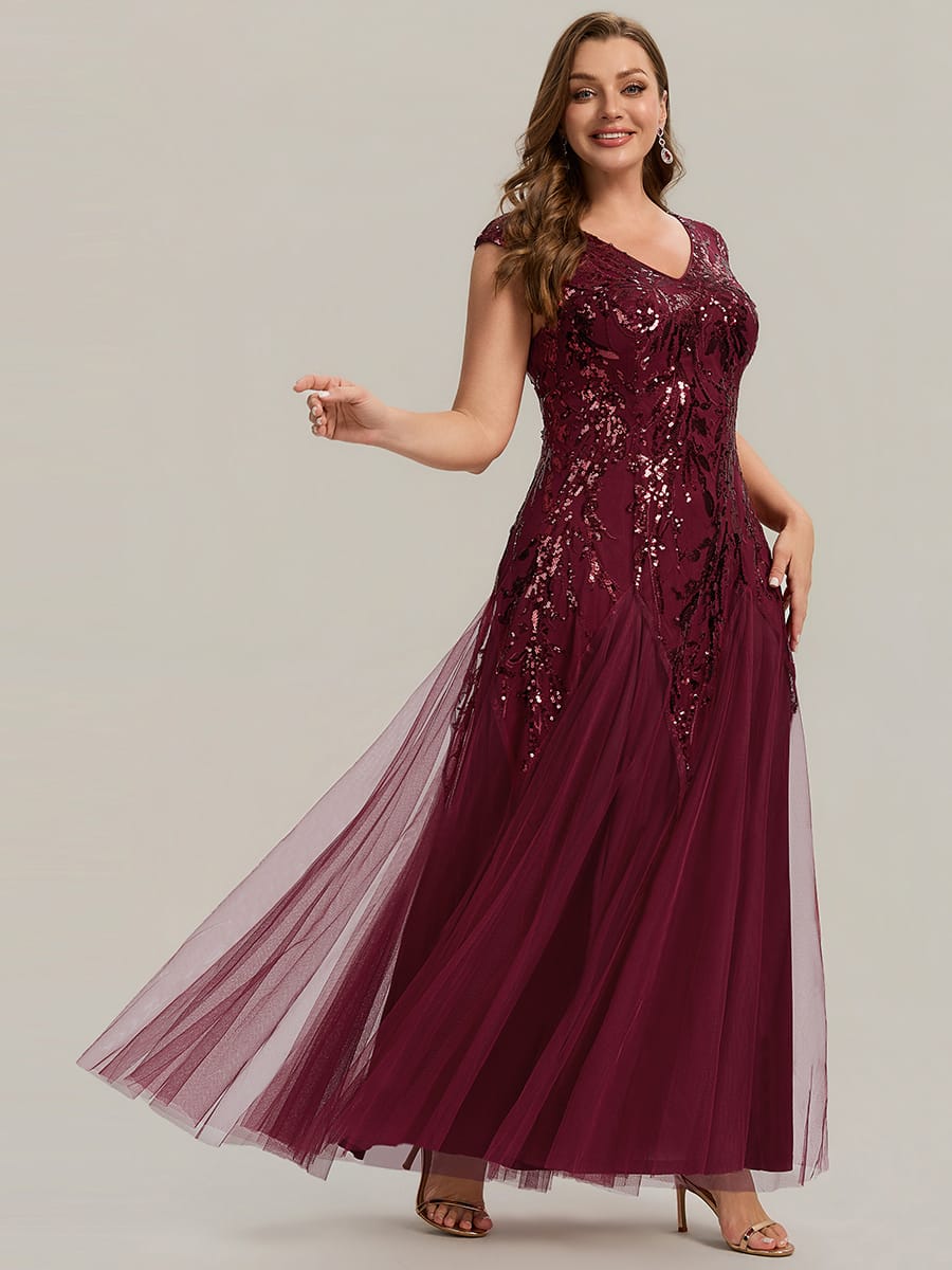 Embroidered Sequin Cap Sleeve Dress #color_Burgundy