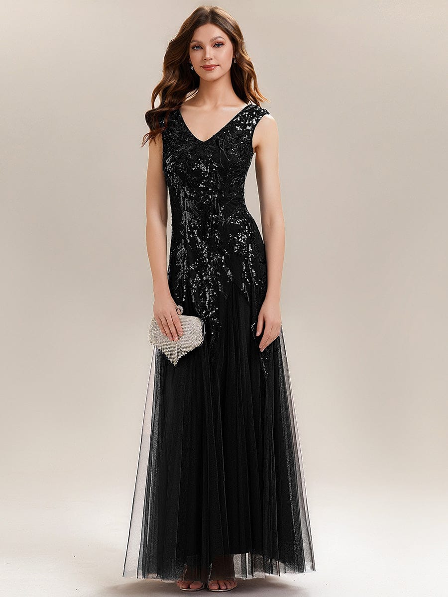 Embroidered Sequin Cap Sleeve Dress #color_Black