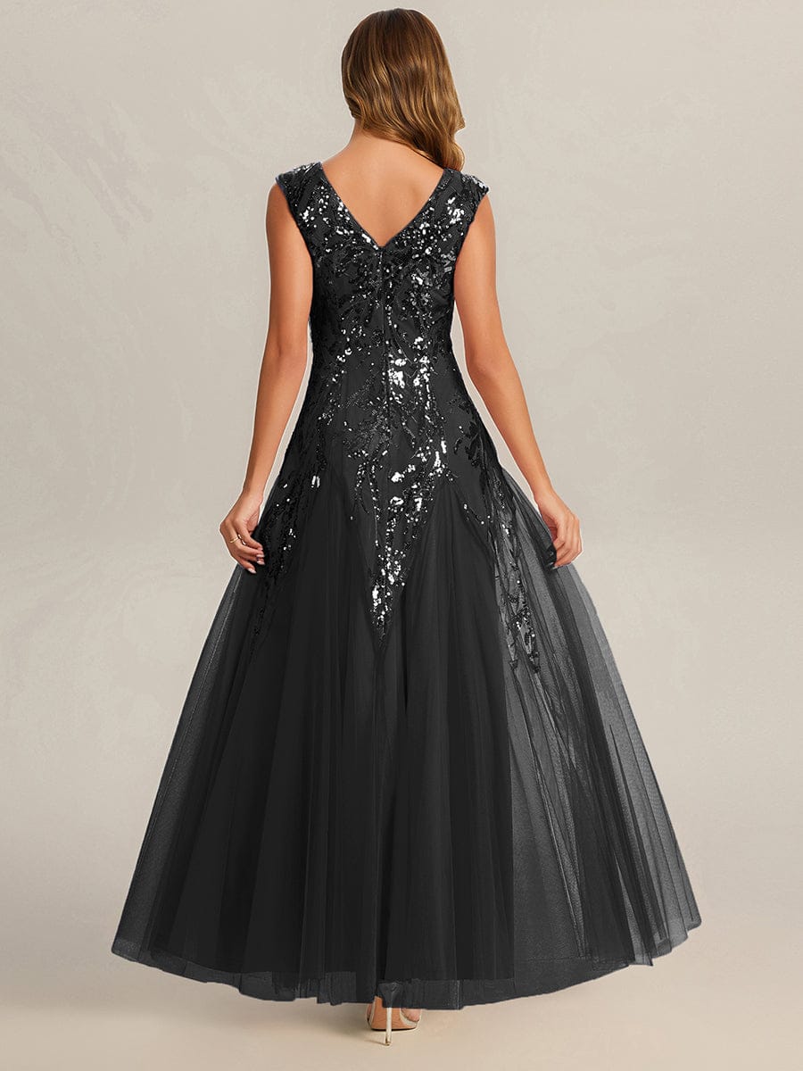 Embroidered Sequin Cap Sleeve Dress #color_Black