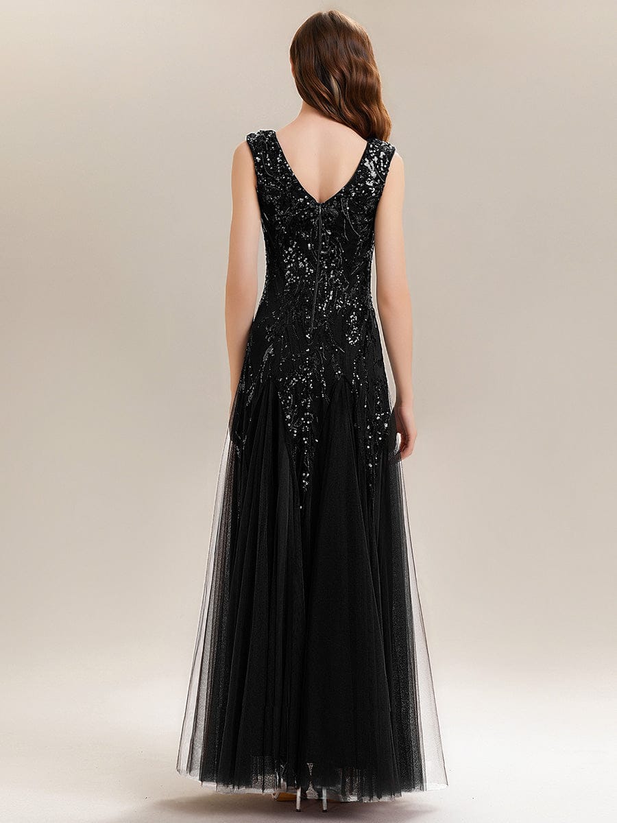 Embroidered Sequin Cap Sleeve Dress #color_Black