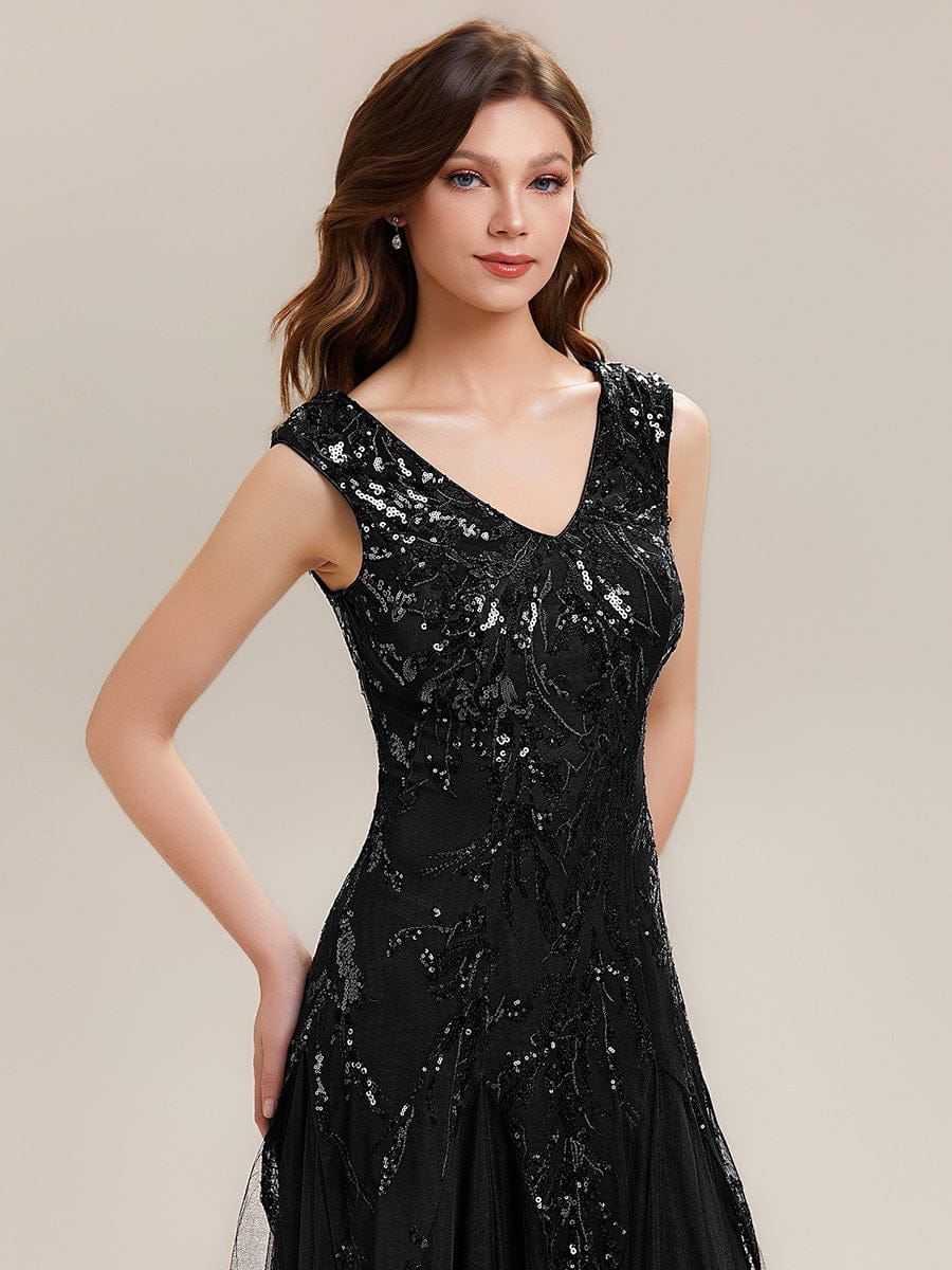 Embroidered Sequin Cap Sleeve Dress #color_Black